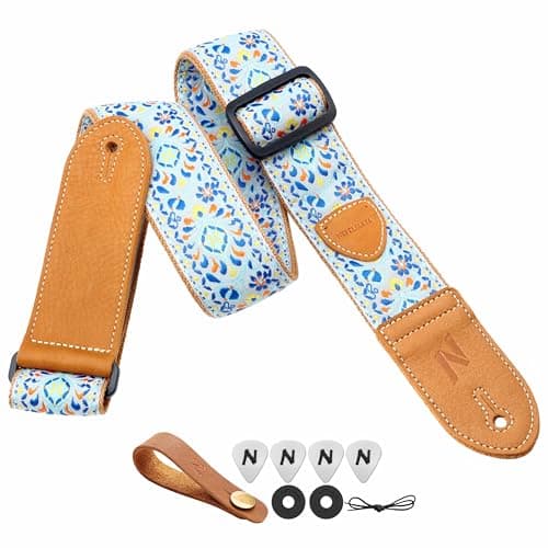 Nefelibata Vintage Woven Guitar Strap, Double Leather Ends, Vintage Blue Gold Embroidery-Free Bonusurities — B#-vintage Pale Blue Embroidery