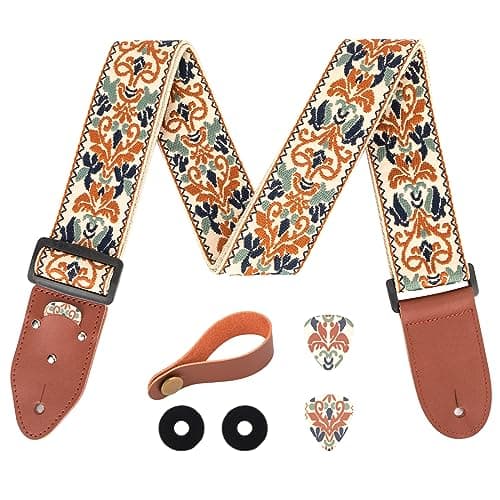 Jacquard Embroidered Cotton Guitar Strap with Pick & Locks for Bass, Electric & Acoustic Guitars