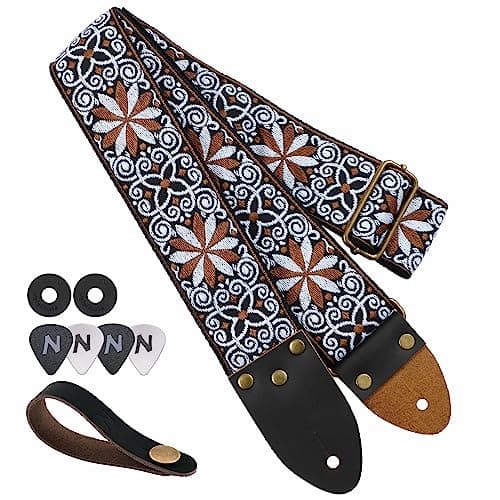 Vintage Jacquard Embroidery Cotton Guitar Strap with Leather Ends for Electric and Acoustic Guitars — Yellow Flowers