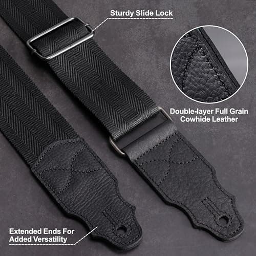 2" Head Layer Cowhide Strap for Acoustic & Bass Electric Guitars with Locks and Picks