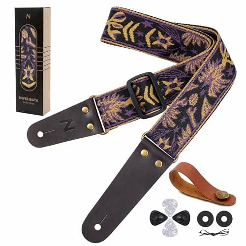 Nefelibata Embroidered Cotton Guitar Strap with Cowhide Ends (Saffron) — Mystic Totem-purple