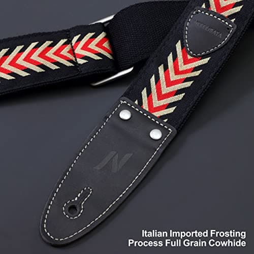 Nefelibata Guitar Strap, 2 Jacquard Embroidered Cotton Strap with Leather Ends (Vintage Arrowhead Red)