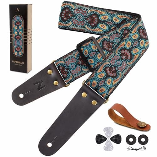 Vintage Embroidered Nefelibata Guitar Strap with Cowhide Ends, 1 Pair Locks & Picks — Classical Style