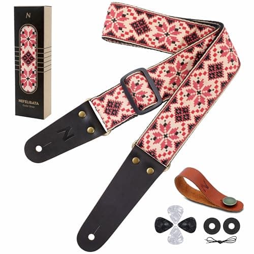 Nefelibata Guitar Strap with Hidden Pocket for Bass, Electric, and Acoustic Guitars — Pink Snowflake