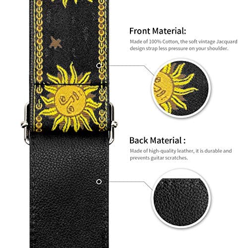 Sun Straps Vintage Embroidered Guitar Strap, Genuine Leather Ends Black