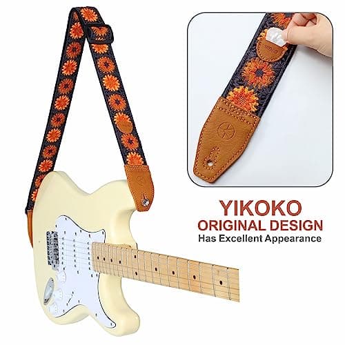 Floral Cotton Guitar Strap 2" Full Grain Leather Ends, Bass/Electric/Acoustic, Free Button & Picks