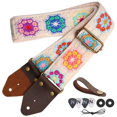 Nefelibata Golden Jacquard Embroidery Guitar Strap for Bass, Electric & Acoustic Guitars - Best Gift for Kids — I#-retro White Multi Flower
