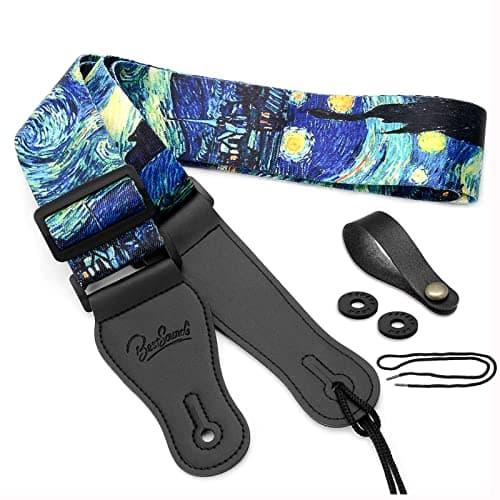 BestSounds Van Gogh Starry Night Guitar Strap with Button & Locks, Adjustable for Bass, Electric & Acoustic Guitar, Perf