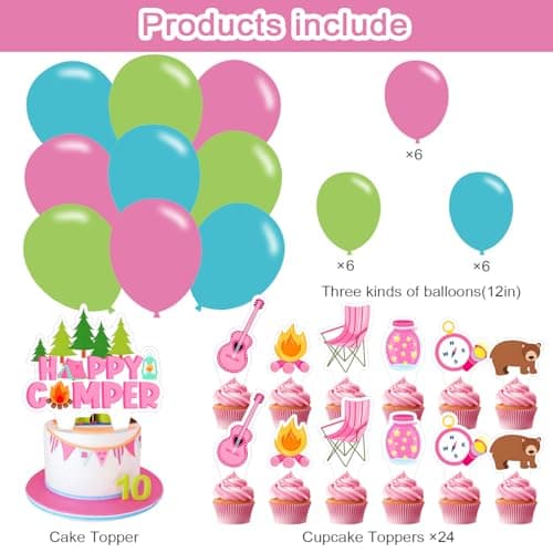 Pink Camping Party Decorations, Happy Birthday Banner & Supplies for Camp-Themed Birthdays