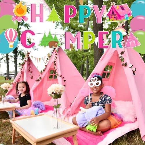 Pink Camping Party Decorations, Happy Birthday Banner & Supplies for Camp-Themed Birthdays