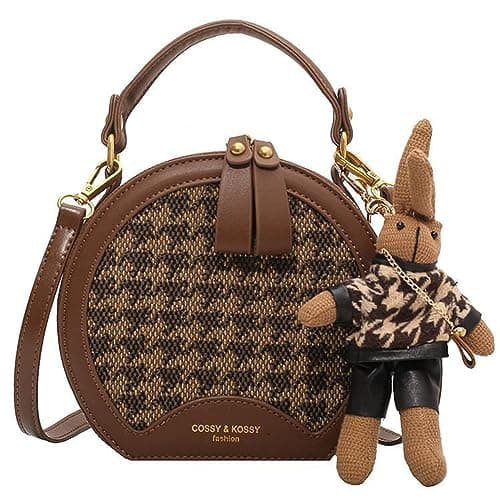 RTGGSEL Quilted Lattice Shoulder Bag for Women with Bunny Pendant — Round Houndstooth Brown