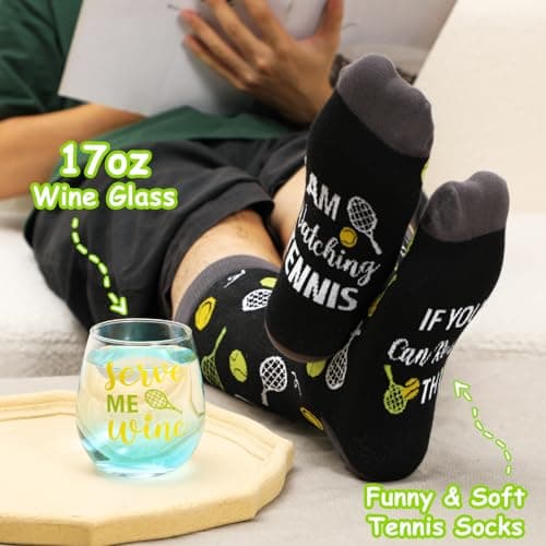 Unique Christmas Gift for Men Tennis Players: Crew Socks and Wine Glass