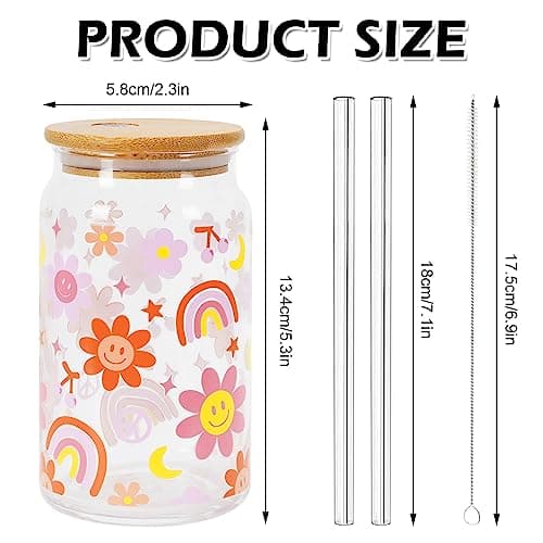 Boho 16oz Glasses with Bamboo Lids and Straws for Coffee and Cocktails, 2Pcs