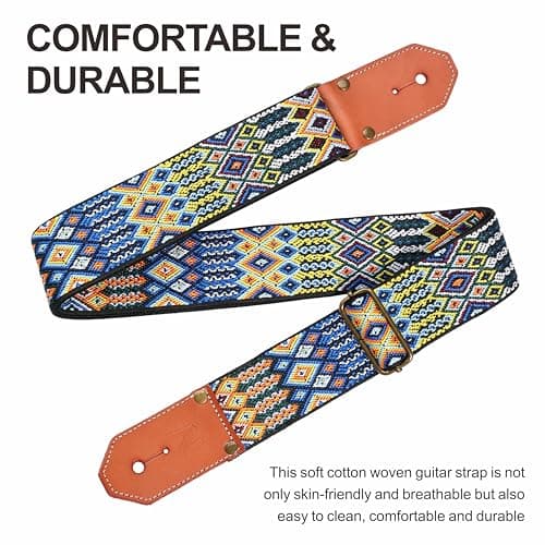 Bohemia Style Woven Cotton Guitar Strap with Leather Ends for Guitarists