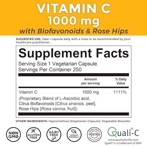 Viva Naturals Non-GMO Vitamin C 1000mg with Bioflavonoids & Rose HIPS, 250 Capsules