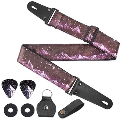 QIELIZI Adjustable Guitar Strap with 2 Locks, 2 Picks, Pick Holder & Leather Button — 1-hill Purple