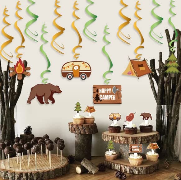 Happy Camper Party Hanging Swirls Decor, Adventure Bears Sign for Kids