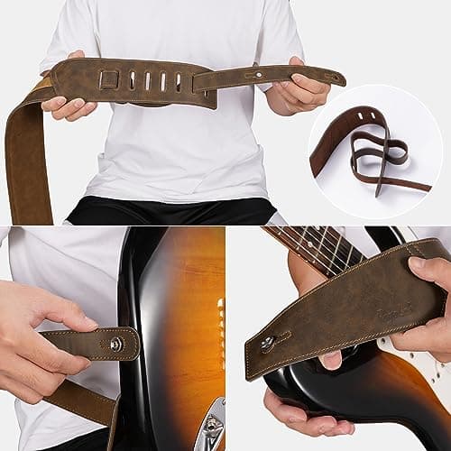 Brown Leather Guitar Strap, 3" Wide Comfortable Foam Padded, Adjustable 51-57", Strap Locks & Picks, for Bass/Electric/A