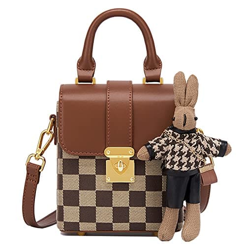 RTGGSEL Quilted Lattice Shoulder Bag for Women with Bunny Pendant — Plaid-brown