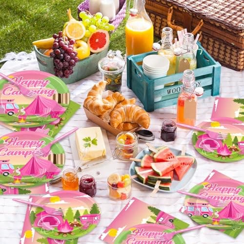 Pink Camping Party Supplies Paper Plates & Napkins - Serves 25