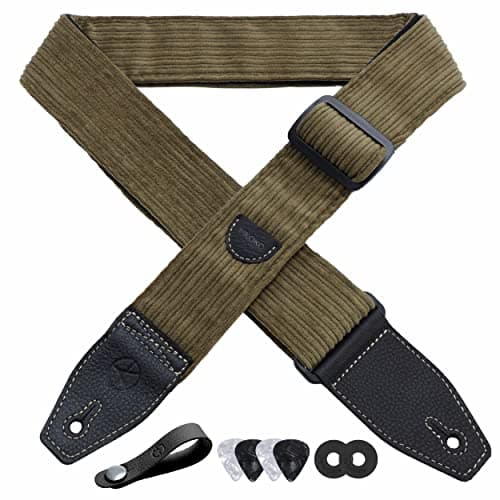 Floral Cotton Guitar Strap 2" Full Grain Leather Ends, Bass/Electric/Acoustic, Free Button & Picks — Olive Green