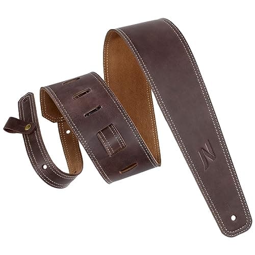 Nefelibata Vintage Green Guitar Strap, 2.5" Wide Tumbled Leather with Padding and Cable Loop — Dark Brown