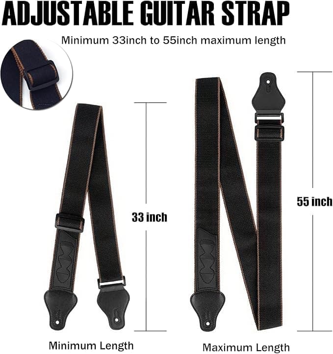 ROTOPATA Black Acoustic Guitar Strap with PU Ends 2 Buttons 2 Locks 3 Picks