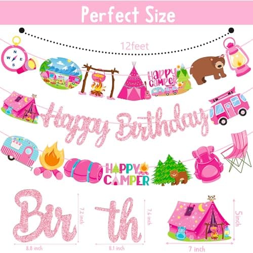 Happy Camper Girls Birthday Party Banners - 2PCS Camping Decorations