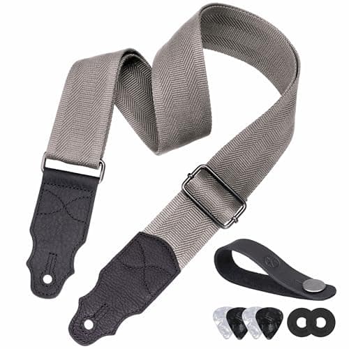 Head Layer Cowhide Leather Guitar Strap, 2-Inch Wide, 2 Locks, 4 Picks — Gray