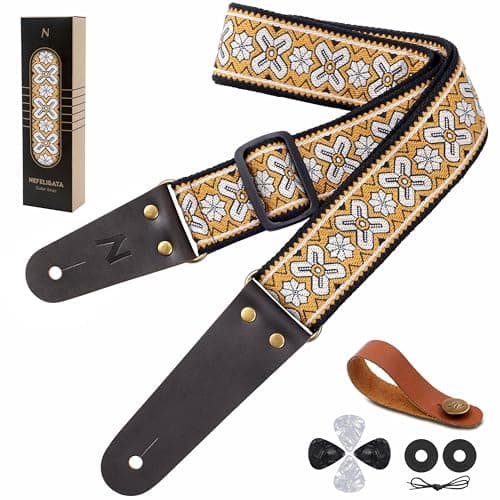 Nefelibata Embroidered Cotton Guitar Strap with Cowhide Ends (Saffron) — Four-petal Flower