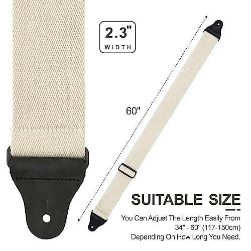 Thickened Cotton Guitar Strap with Leather Ends for Bass, Electric & Acoustic - Milk White