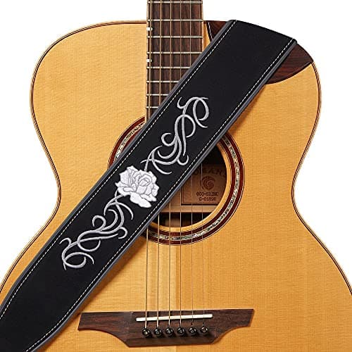Amumu Black Suede Leather Flower Embroidered Guitar Strap