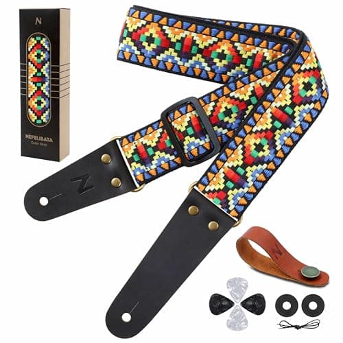 Vintage Embroidered Nefelibata Guitar Strap with Cowhide Ends, 1 Pair Locks & Picks — Color Mosaic