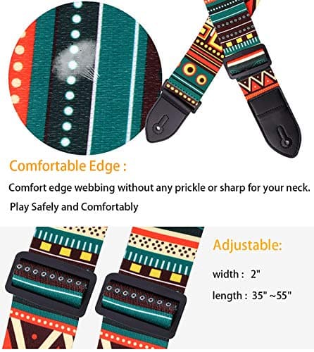 Adjustable Acoustic & Electric Guitar Strap, Leather & Polyester, Includes 3 Picks