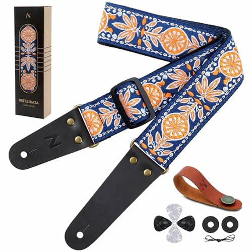 Nefelibata Embroidered Cotton Guitar Strap with Cowhide Ends (Saffron) — Ac#-orange Flowers