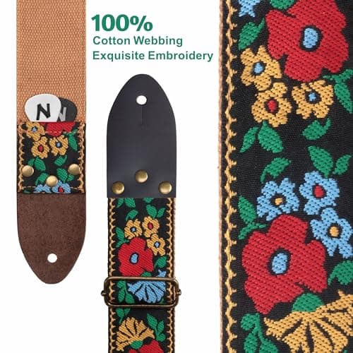 Nefelibata Vintage Jacquard Embroidery Cotton Guitar Strap with Leather Ends for Electric and Acoustic Guitars - Includes Free Accessories