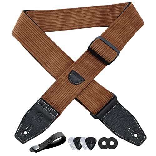 Floral Cotton Guitar Strap 2" Full Grain Leather Ends, Bass/Electric/Acoustic, Free Button & Picks — Caramel Brown