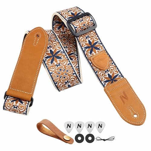 Nefelibata Vintage Woven Guitar Strap, Double Leather Ends, Vintage Blue Gold Embroidery-Free Bonusurities