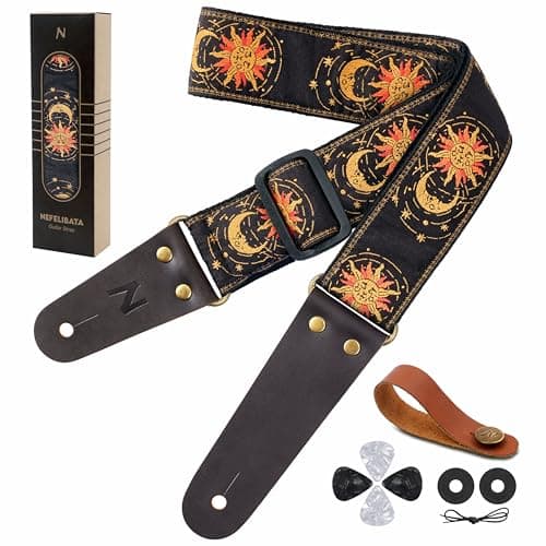 Vintage Embroidered Nefelibata Guitar Strap with Cowhide Ends, 1 Pair Locks & Picks — Sun & Moon