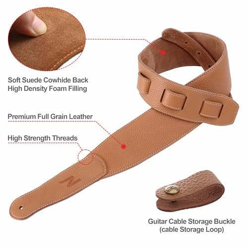 3-Inch Leather Guitar Strap with Padding and Cable Loop for Acoustic, Bass, and Electric Guitars (Tan) - Suitable for Kids, Men, and Women