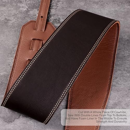 Nefelibata Full Grain Leather Guitar Strap, 49-57", Foam Padded, Adjustable, Coffee