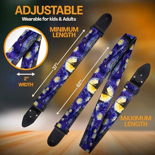 Van Gogh "Starry Night" Guitar Strap for Bass & Guitars - Adjustible Pick Set -Ideal Christmas Gift