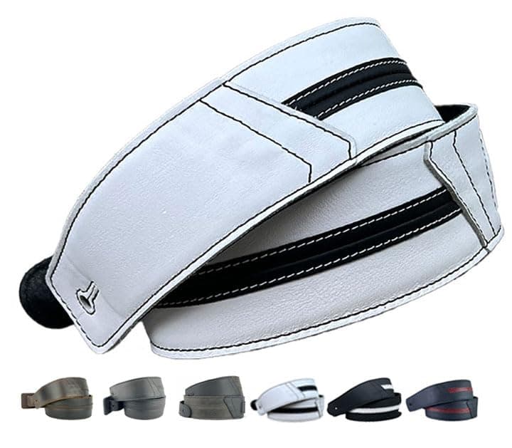 Original Straight Up Full Grain Padded Leather Guitar Strap — Frostfire White W/ Black Stripe