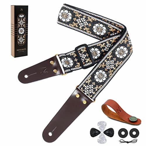 Nefelibata Embroidered Cotton Guitar Strap with Cowhide Ends (Saffron) — H# - Black Flower