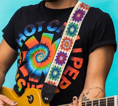 Crochet Flower Guitar Strap - Leather Ends, 2 Inch Wide, White