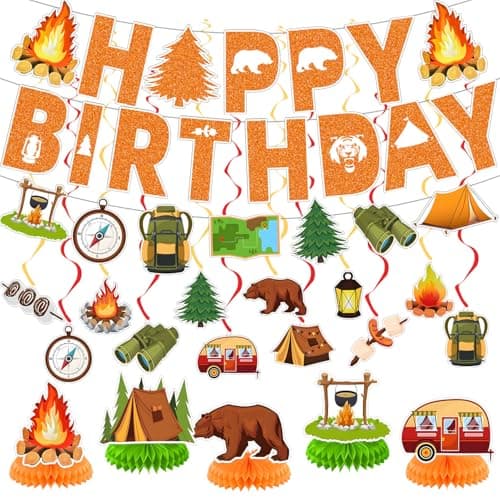 Happy Camper Birthday Party Decorations: Banner, Campfire Swirls, Honeycomb Centerpiece