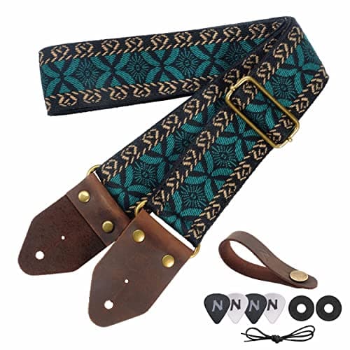 Nefelibata Guitar Strap with Crazy Horse Leather Ends for Bass, Electric & Acoustic — Y#-embroidery Green