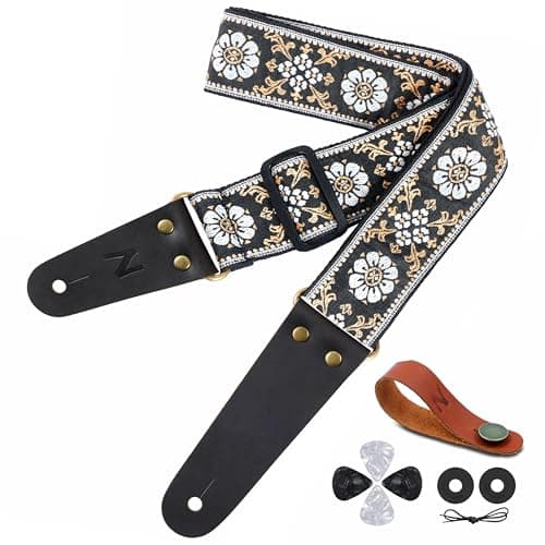 Vintage Embroidered Cotton Guitar Strap with Leather Ends for Bass, Electric & Acoustic Guitars, Includes Strap Button, Locks, and Picks
