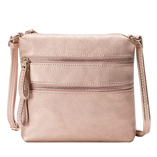 Solene Small Multi-Zip Pocket Crossbody Travel Purse — Rose Gold