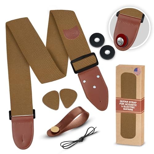 Adjustable Art Tribute Guitar Strap with Security Locks and Unique Picks — A Gold